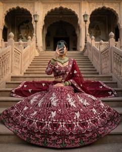 Divyam Creation <b>Maroon</b> Embroidered Spandex Lehenga Choli Floor-Length Traditional Indian Wedding <b>Dress</b> Women's Regular Fit - Product Image 2