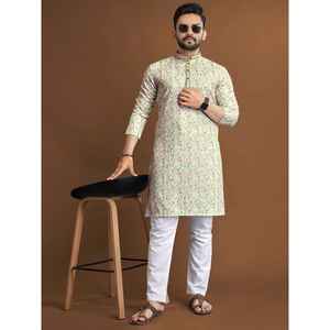 MOTIF DE COL IMPRIMÉ EN RAYONNE LE PLUS CHOISI KURTA POUR HOMME AVEC PAYJAMA BLANC CASSÉ - Product Image 1