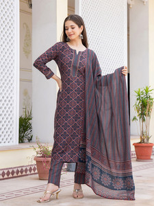 Traditional Printed Blue Cotton <b>Kurta</b> Set Dupatta <b>Women</b> Casual Wear India Pakistan Style Regular Fit Midi Length Quick Dry - Product Image 4