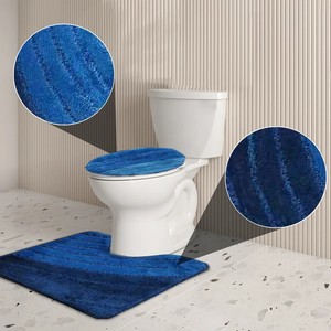 Blue Striped Cotton Bath <b>Mat</b> <b>Set</b> 3 Piece Non Slip Rectangle U Shape Round Modern Tufted Thick <b>Bathroom</b> Rug - Product Image 4
