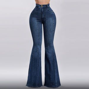 Jeans évasés sur mesure pour femmes, OEM, avec poches et boutons, respirants, en denim d'hiver, coupe slim, avec logo personnalisé - Product Image 1