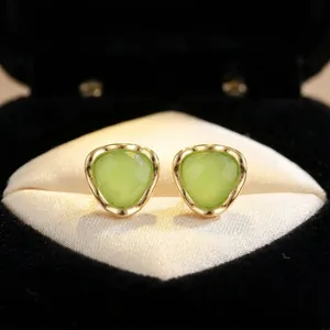 Trendy Prehnite Chalcedony Gemstone Stud Brass 18k Gold Plated Stud Earring Anti Tarnish Fancy Earring Wholesale Fashion Jewelry - Product Image 1