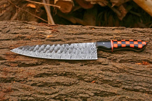 Couteau de Chef en Acier Damas avec Manche en Résine Orange et Noire à Motif Damier, Couteau de Cuisine Culinaire, de Découpe et de Désossage, Vente en Gros, B2B, OEM - Product Image 4