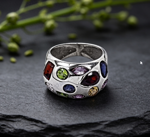 Art Palace <b>Silver</b> Cocktail <b>Ring</b> With Multi Color Gemstones Bezel <b>Set</b> Bohemian Style Unisex Fashion Jewelry - Product Image 2