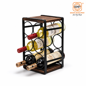 KHP Modern Industrial Wood and Iron Countertop Wine Rack 6-Bottle <b>Tabletop</b> Holder Small Premium Wine Display Shelf for Home Bar - Product Image 1