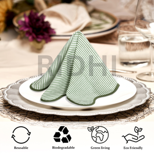 Serviettes en coton 100% premium à rayures vertes imprimées au bloc, réutilisables, écologiques, pour la maison, l'hôtel, le restaurant, la décoration de mariage - Product Image 6