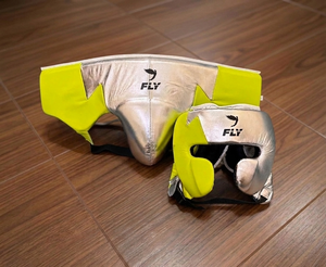 Fly Boxing <b>Gloves</b> Head Guard Groin Guard Set <b>Silver</b> Yellow Real Leather Lace-Up Customizable Lightweight Unisex MMA Martial Arts - Product Image 3