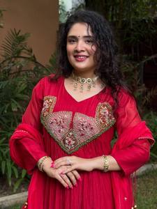 Conjunto de Kurta Tradicional de Algodón para Mujer, Bordado, Largo hasta el Suelo, Corte Holgado, Estilo India Pakistán, Rojo - Product Image 3