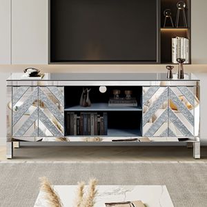 Mobile TV con Ripiani Aperti per TV da 65+ Pollici, Tavolo Console Argento con 2 Armadietti, Design a Specchio Scintillante a Forma di M per TV a Specchio - Product Image 2