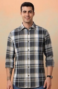 เสื้อเชิ้ตผ้าฝ้ายลายสก๊อตกระดุมสองแถวสำหรับผู้ชาย, เสื้อเชิ้ตแขนยาวคอปกแบบเปิดลงระบายอากาศสไตล์ฤดูร้อน - Product Image 1