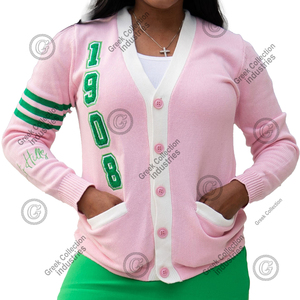 Cardigans roses personnalisés Alpha Sorority AKA en tricot acrylique pour femme, col en V, avec lettres chenille rayées style universitaire grec - Product Image 4