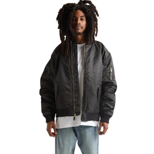 Chaqueta Bomber Negra para Hombre, Chaqueta de Vuelo MA1 de Nailon Satinado, Cierre de Cremallera, Dobladillo Acanalado, Estilo Urbano, Venta al Por Mayor - Product Image 1
