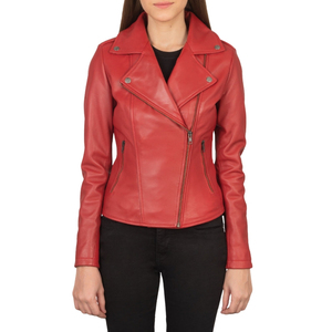 Chaqueta de Motociclista de Cuero Genuino Rojo para Mujer, Cuello Camisero, Cierre de Cremallera, Manga Larga - Product Image 4