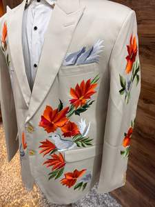 Costume de smoking beige brodé pour homme avec motif d'oiseaux et de fleurs – Blazer de cérémonie pour marié, costume 3 pièces - Product Image 4
