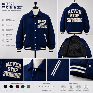 Chaqueta Varsity Bordada 'Never Stop Swinging' en Color Azul, Estilo Preppy para Hombre, Chaqueta de Béisbol de Algodón, Corte Regular para Otoño - Product Image 3
