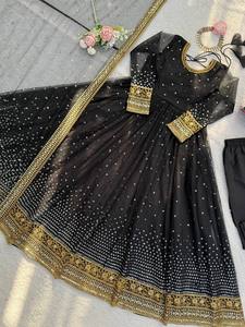 Salwar noir de luxe brodé à séchage rapide avec dupatta, tenue de soirée estivale pour femmes, robe ethnique de créateur pour mariage et festival de l'Aïd - Product Image 4