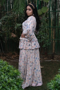 Bohemian Floral Print Crepe Floor-Length Peplum <b>Dress</b> With <b>Ruffles</b> Empire Waistline Sweetheart Neck Casual Style For Adult - Product Image 2