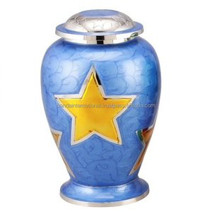 โกศสำหรับผู้ใหญ่ทำจากทองเหลืองเคลือบสีฟ้าสำหรับงานศพดีไซน์รูปดาวสีเหลืองสวยงาม - Product Image 1