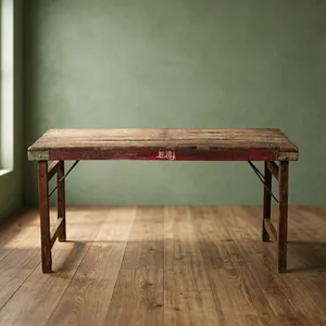 Table pliante rustique en bois avec détails de support métallique, table de buffet de style farmhouse, meuble d'événement vintage fait main - Product Image 5