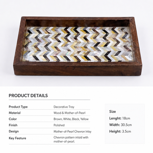 Plateau de service en bois fait main avec incrustation de nacre, motif chevron, design bohème - Product Image 4