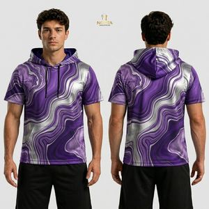 Camiseta Deportiva de Manga Corta con Capucha para Hombre, Sublimada, de Poliéster Verde Brillante, con Estampado de Circuitos, Transpirable y de Secado Rápido - Product Image 4