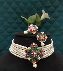 Conjunto de Collar Clásico de Latón Chapado en Oro con Moissanita e Imitación de Perla para Fiesta, Ideal para Bodas de Mujer - Product Image 3