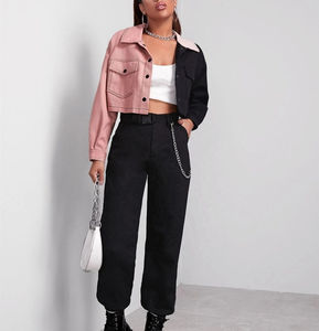 2026 New Design Two Tone Color Women's Wear <b>Denim</b> <b>Jackets</b> 100% Cotton Fabric <b>Cropped</b> Style Long Sleeve Button Up Jeans <b>Jackets</b> - Product Image 6