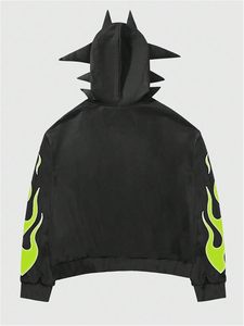 Victory <b>Punk</b> Style Hooded Zipper <b>Jacket</b> With Skeleton Print And Flame Design Men's Oversized Streetwear Black - Product Image 2