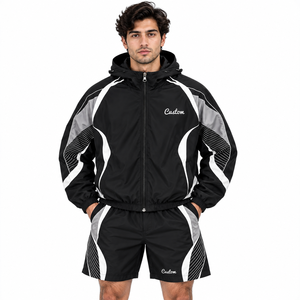 Ensemble de survêtement athlétique Y2K pour homme avec broderie, coupe-vent en nylon à bandes réfléchissantes, sweat à capuche et short streetwear - Product Image 1