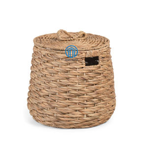 Panier de rangement rond en jacinthe d'eau avec couvercle, bac de rangement en jacinthe tressée avec couvercle à nœud pour linge, jouets, placard, rangement domestique - Product Image 1