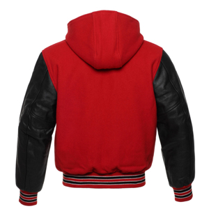 Custom High Quality Wholesale Men <b>Red</b> Wool Varsity Bomber Letterman Jacket With Black Genuine Leather Sleeves And Attached Hood - Product Image 3