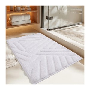 Tapis de bain rectangulaire en coton géométrique moderne 80x50cm, antidérapant avec dos en caoutchouc, épais et touffeté, blanc, pour salle de bain, lavabo et douche - Product Image 4