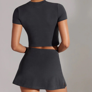 Trendy Women's 2 Piece <b>Knitted</b> <b>Set</b> Black Crew Neck Crop Top With Logo Print Above Knee Skirt Sporty Casual Wear Spring Summer - Product Image 3