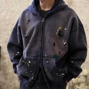 Sweat-shirt unisexe à capuche zippé oversize en polaire effet peinture pulvérisée, style streetwear automne, avec poches, coupe oversize, couleur unie - Product Image 1
