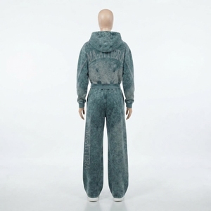 Conjunto de chándal de dos piezas para mujer: sudadera con capucha extragrande lavada y cremallera, y pantalones de chándal de pierna ancha, estilo streetwear. - Product Image 4