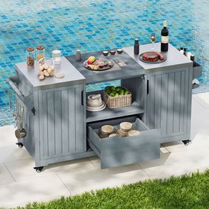 Isola da Cucina per Esterni in Legno Massello da 169 cm per Griglie Big Green Egg, Carrello Grill con Piano in Acciaio Inossidabile - Product Image 3