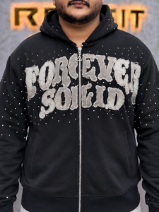 <b>Black</b> Rhinestone <b>Zip</b> <b>Up</b> <b>Hoodie</b> Patch Embroidery Oversized Streetwear Full Zipper Heavyweight Hooded Jacket for Men OEM <b>Hoodie</b> - Product Image 5
