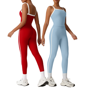 Women's Seamless Knitted <b>Bodysuit</b> With Side Stripe Full Length <b>Cami</b> Square Neck Stretch Activewear Red And Blue - Product Image 1