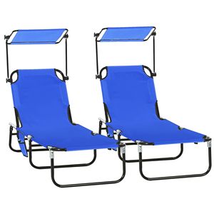 Set di 2 Sdraio da Piscina Pieghevoli con Schienale Reclinabile e Parasole, Telaio in Acciaio Blu - Product Image 1