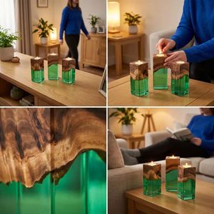 Wood Resin Square Tealight Candle Holder Set Transparent Epoxy Luxury Table Decor Modern Handmade Candle Centerpiece Home - Product Image 5