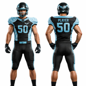 Ensemble Maillot et Pantalon de Football Américain Personnalisé Noir et Bleu Clair – Tenue de Sport Sublimée Respirante pour Équipe - Product Image 1