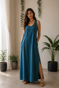 Vestido Maxi Boho sin Mangas de Lino/Algodón, Silueta en A, Cuello Redondo, Diseño Vintage Ecológico, Ropa de Oficina para Todas las Temporadas - Product Image 6
