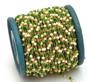 Chaîne de chapelet en perles blanches et vertes chromées, perles rondes facettées, fil plaqué or, chaîne de bijoux en vrac - Product Image 6