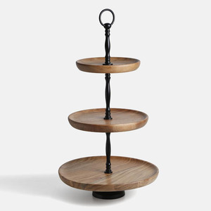 Three-<b>Tier</b> Wooden <b>Cake</b> Stand Featuring Natural Wood Grain Trays Black Metal Spindle Rod Convenient Ring Handle For Serving - Product Image 1