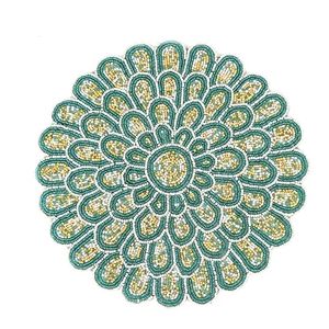 Handmade Bohemian <b>Round</b> Beaded <b>Table</b> Mat Teal Gold Fabric Decor 450mm - Product Image 3