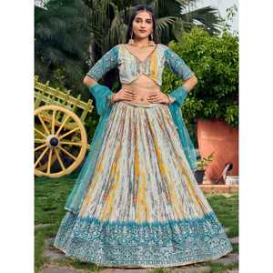Lovely White & Blue Digital Printed Chinon Sangeet Wear Lehenga Choli - Product Image 2
