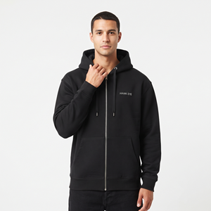 Sweat-shirt à capuche pour homme avec cordon de serrage et poche, côtelé, épais, de haute qualité, uni, noir, avec fermeture éclair intégrale - Product Image 6