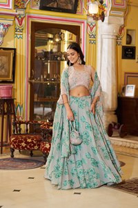 Georgette Classic Ball Gown Floor-Length Navratri Lehenga Choli Embroidered Floral Foil Print Gotta Patti Lace Slim Fit Natural - Product Image 3