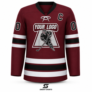 SINEWY SPORTS Jersey de Hockey sobre Hielo Personalizado para Hombre, Color Granate, Blanco y Negro, Sublimado, Cuello en V, Manga Larga, Absorbe la Humedad, Corte Regular para Adultos - Product Image 1