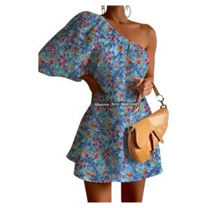 Ropa de Mujer Europea y Americana de Alta Calidad, Vestido de Una Pieza de Algodón, Sexy, Multicolor, con Estampado a Mano, de Un Solo Hombro y Manga Abullonada - Product Image 2